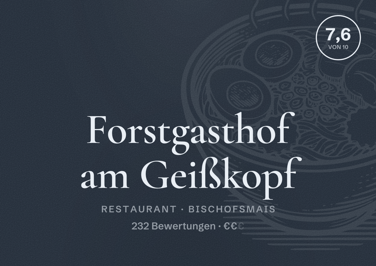 Illustriertes Poster von Forstgasthof am Geißkopf, Restaurant in Bischofsmais: Bewertung 7,6 von 10 aus 232 Bewertungen, Preisniveau €€
