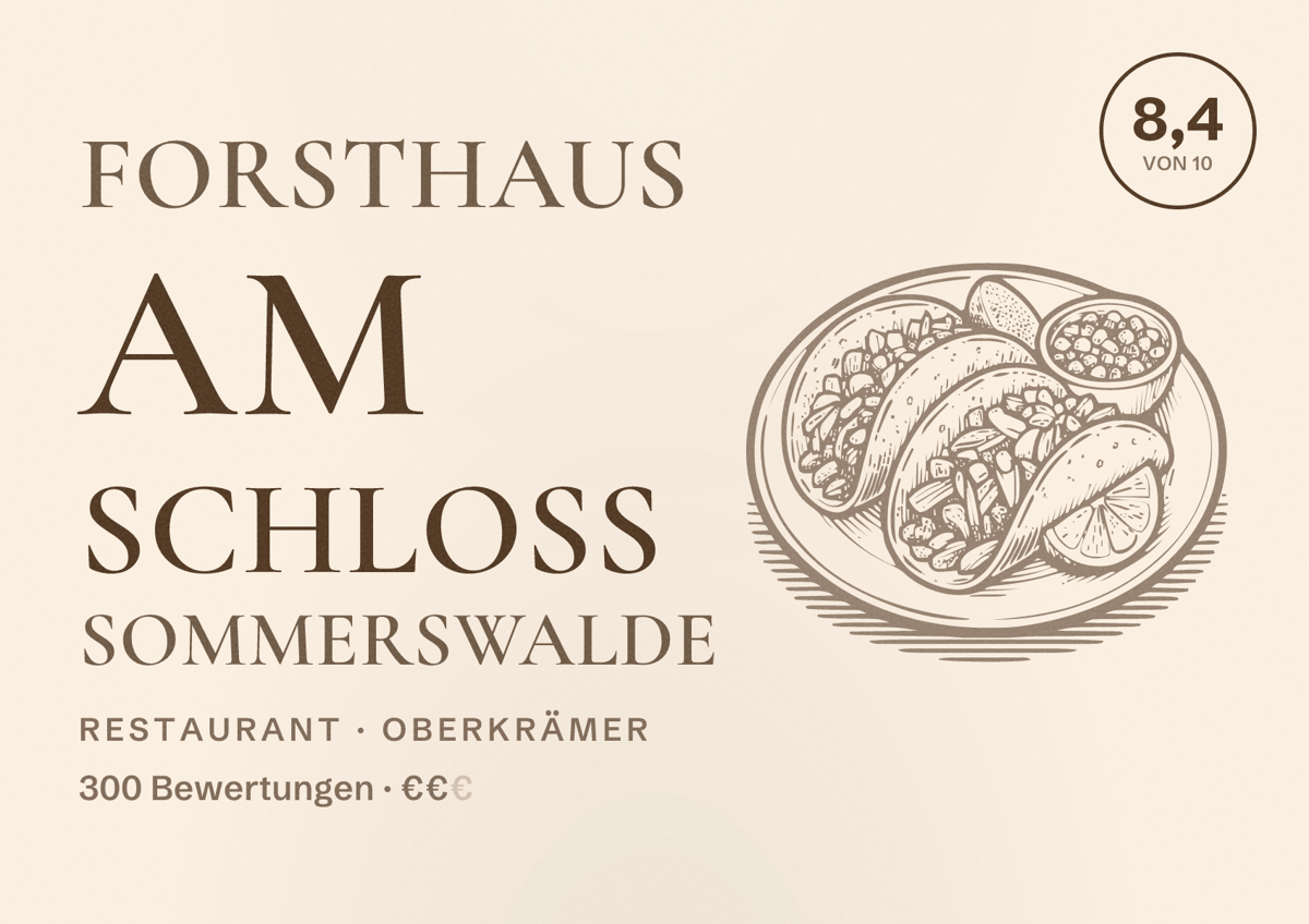 Illustriertes Poster von FORSTHAUS am Schloss Sommerswalde, Restaurant in Oberkrämer: Bewertung 8,4 von 10 aus 300 Bewertungen, Preisniveau €€