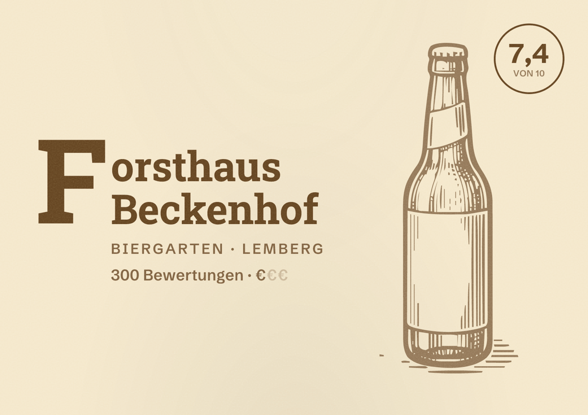 Illustriertes Poster von Forsthaus Beckenhof, Biergarten in Lemberg: Bewertung 7,4 von 10 aus 300 Bewertungen, Preisniveau €