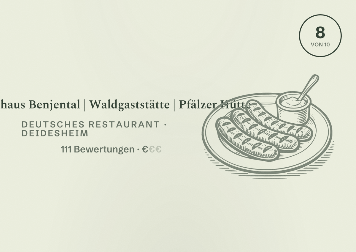 Illustriertes Poster von Forsthaus Benjental | Waldgaststätte | Pfälzer Hütte, Deutsches Restaurant in Deidesheim: Bewertung 8 von 10 aus 111 Bewertungen, Preisniveau €