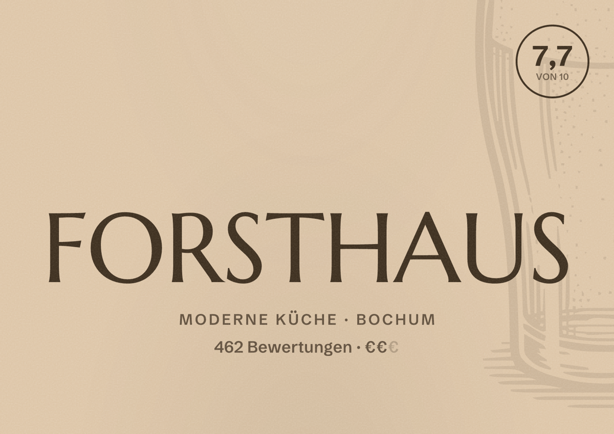 Illustriertes Poster von FORSTHAUS, Moderne Küche in Bochum: Bewertung 7,7 von 10 aus 462 Bewertungen, Preisniveau €€