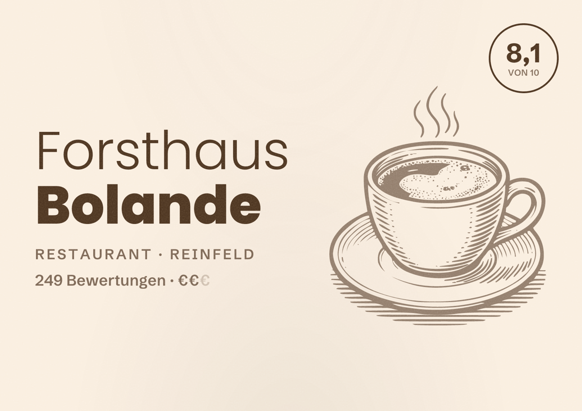 Illustriertes Poster von Forsthaus Bolande, Restaurant in Reinfeld: Bewertung 8,1 von 10 aus 249 Bewertungen, Preisniveau €€