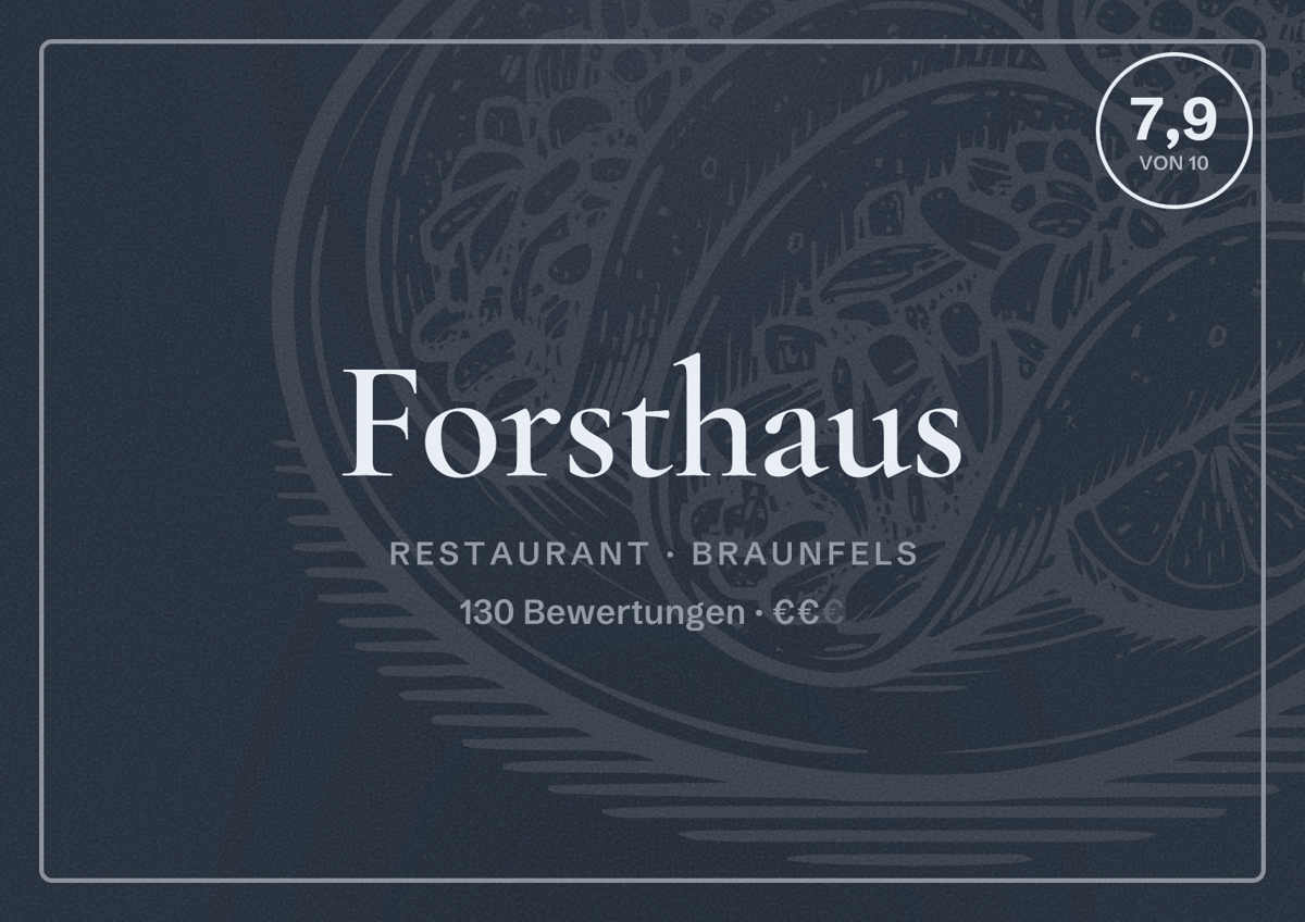 Illustriertes Poster von Forsthaus, Restaurant in Braunfels: Bewertung 7,9 von 10 aus 130 Bewertungen, Preisniveau €€