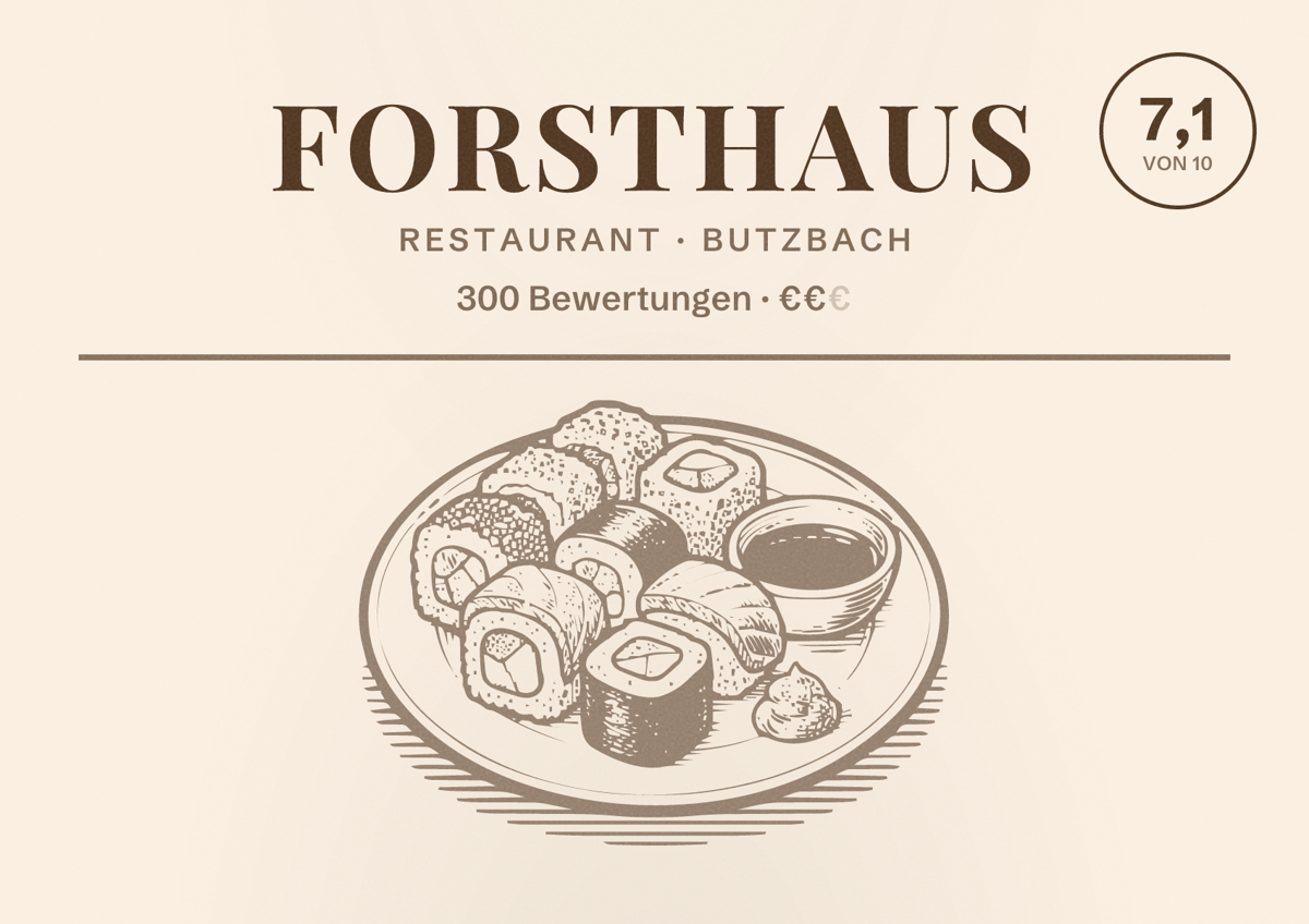 Illustriertes Poster von Forsthaus, Restaurant in Butzbach: Bewertung 7,1 von 10 aus 300 Bewertungen, Preisniveau €€