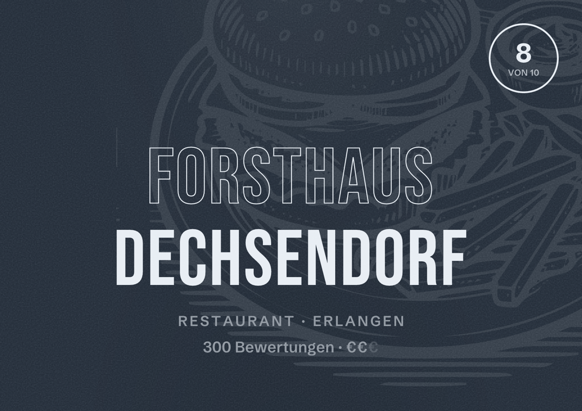 Illustriertes Poster von Forsthaus Dechsendorf, Restaurant in Erlangen: Bewertung 8 von 10 aus 300 Bewertungen, Preisniveau €€