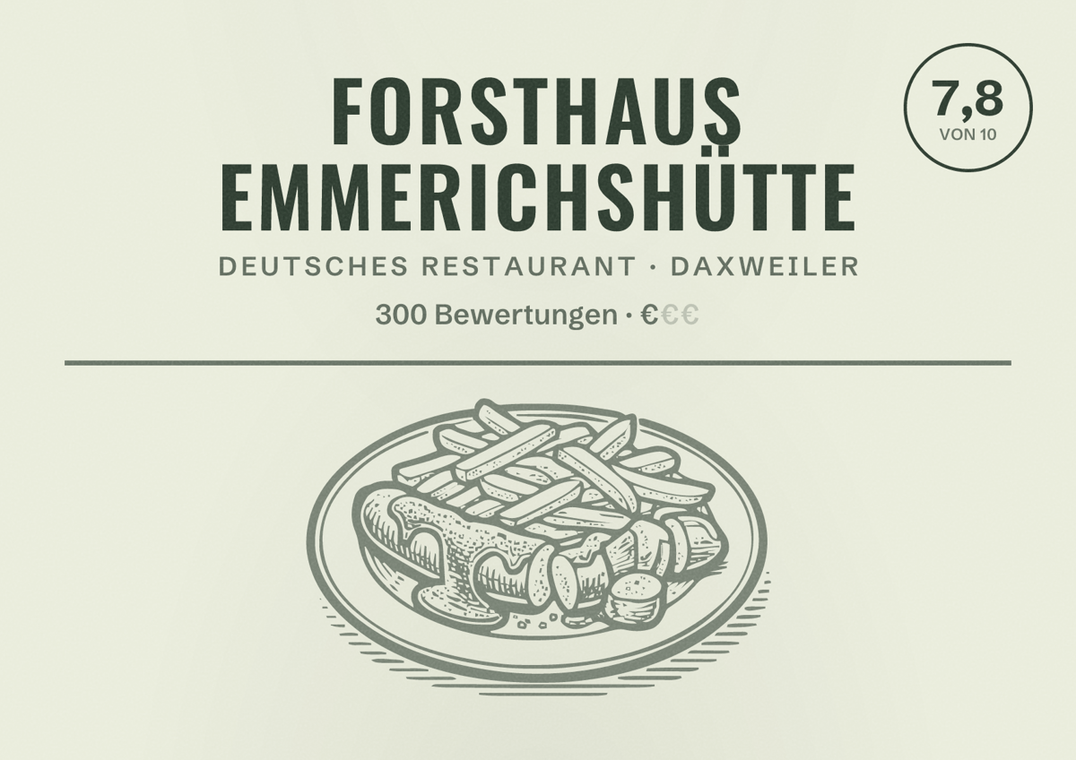 Illustriertes Poster von Forsthaus Emmerichshütte, Deutsches Restaurant in Daxweiler: Bewertung 7,8 von 10 aus 300 Bewertungen, Preisniveau €