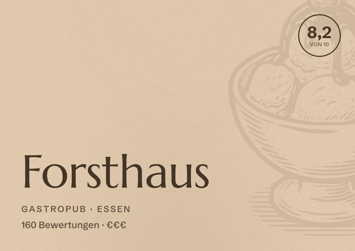 Illustriertes Poster von Forsthaus, Gastropub in Essen: Bewertung 8,2 von 10 aus 160 Bewertungen, Preisniveau €€€