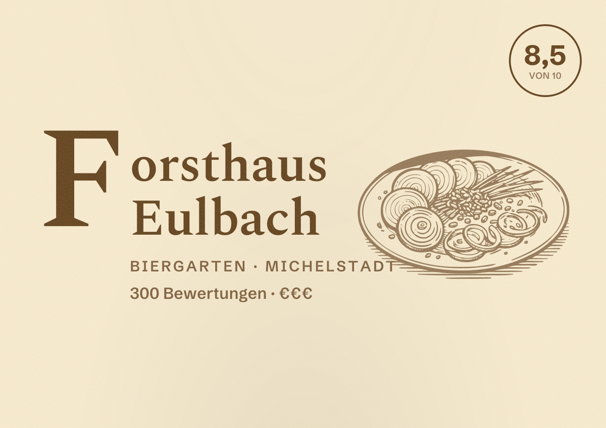 Illustriertes Poster von Forsthaus Eulbach, Biergarten in Michelstadt: Bewertung 8,5 von 10 aus 300 Bewertungen, Preisniveau €€€