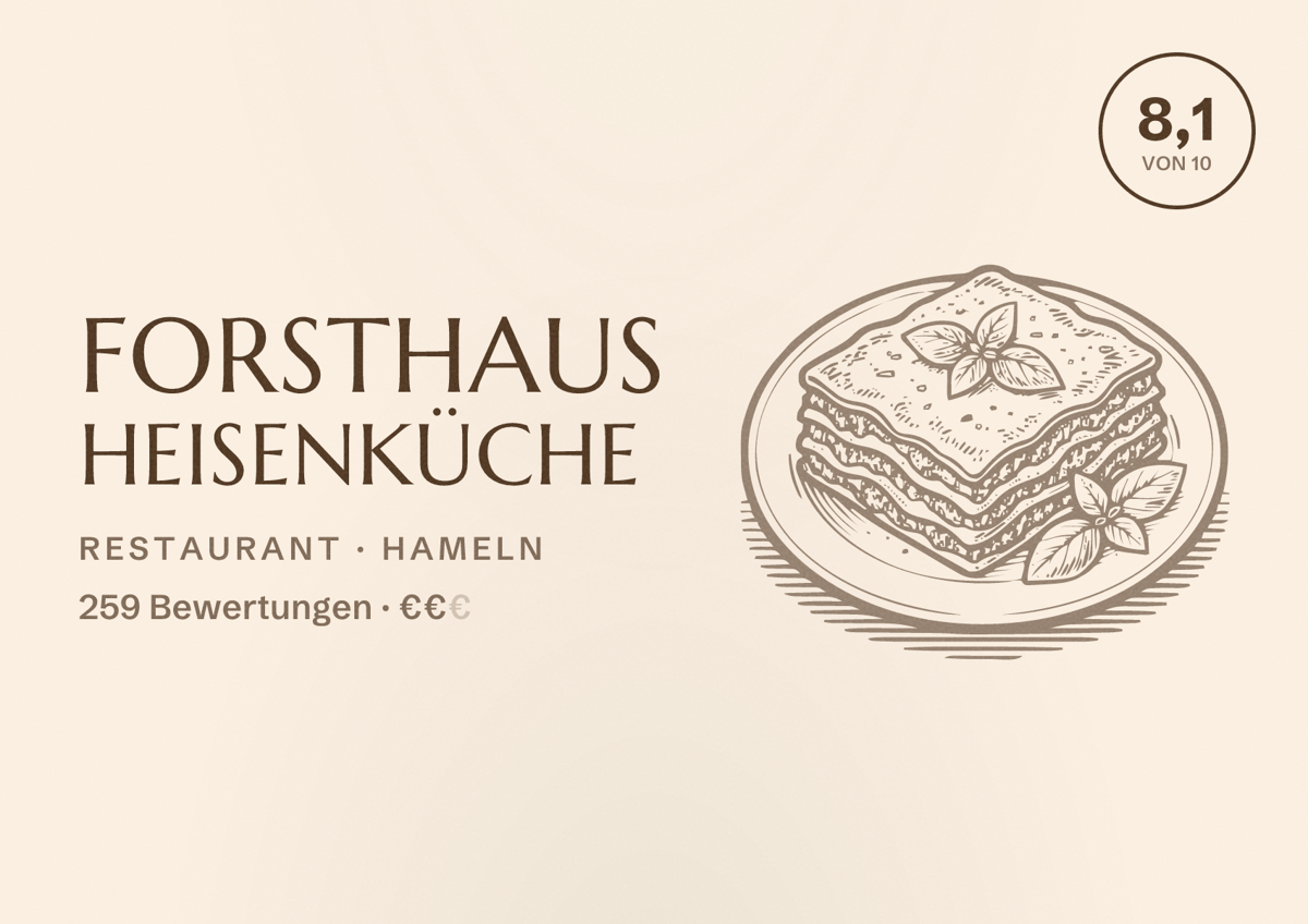Illustriertes Poster von Forsthaus Heisenküche, Restaurant in Hameln: Bewertung 8,1 von 10 aus 259 Bewertungen, Preisniveau €€