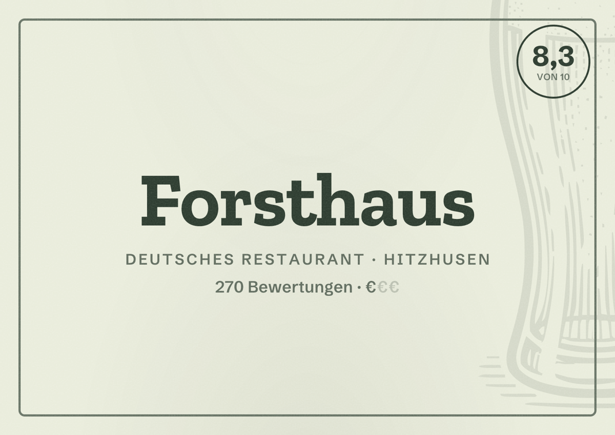 Illustriertes Poster von Forsthaus, Deutsches Restaurant in Hitzhusen: Bewertung 8,3 von 10 aus 270 Bewertungen, Preisniveau €