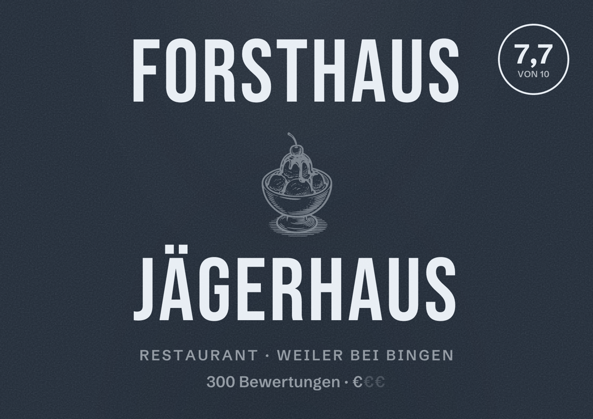 Illustriertes Poster von Forsthaus Jägerhaus, Restaurant in Weiler bei Bingen: Bewertung 7,7 von 10 aus 300 Bewertungen, Preisniveau €
