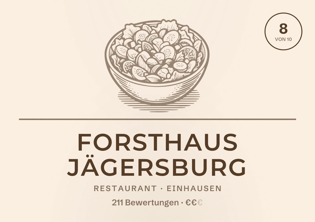 Illustriertes Poster von Forsthaus Jägersburg, Restaurant in Einhausen: Bewertung 8 von 10 aus 211 Bewertungen, Preisniveau €€
