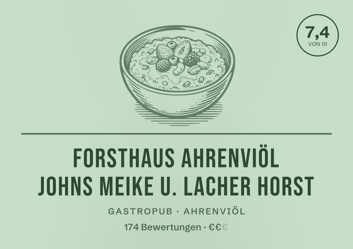 Illustriertes Poster von Forsthaus Ahrenviöl Johns Meike u. Lacher Horst, Gastropub in Ahrenviöl: Bewertung 7,4 von 10 aus 174 Bewertungen, Preisniveau €€
