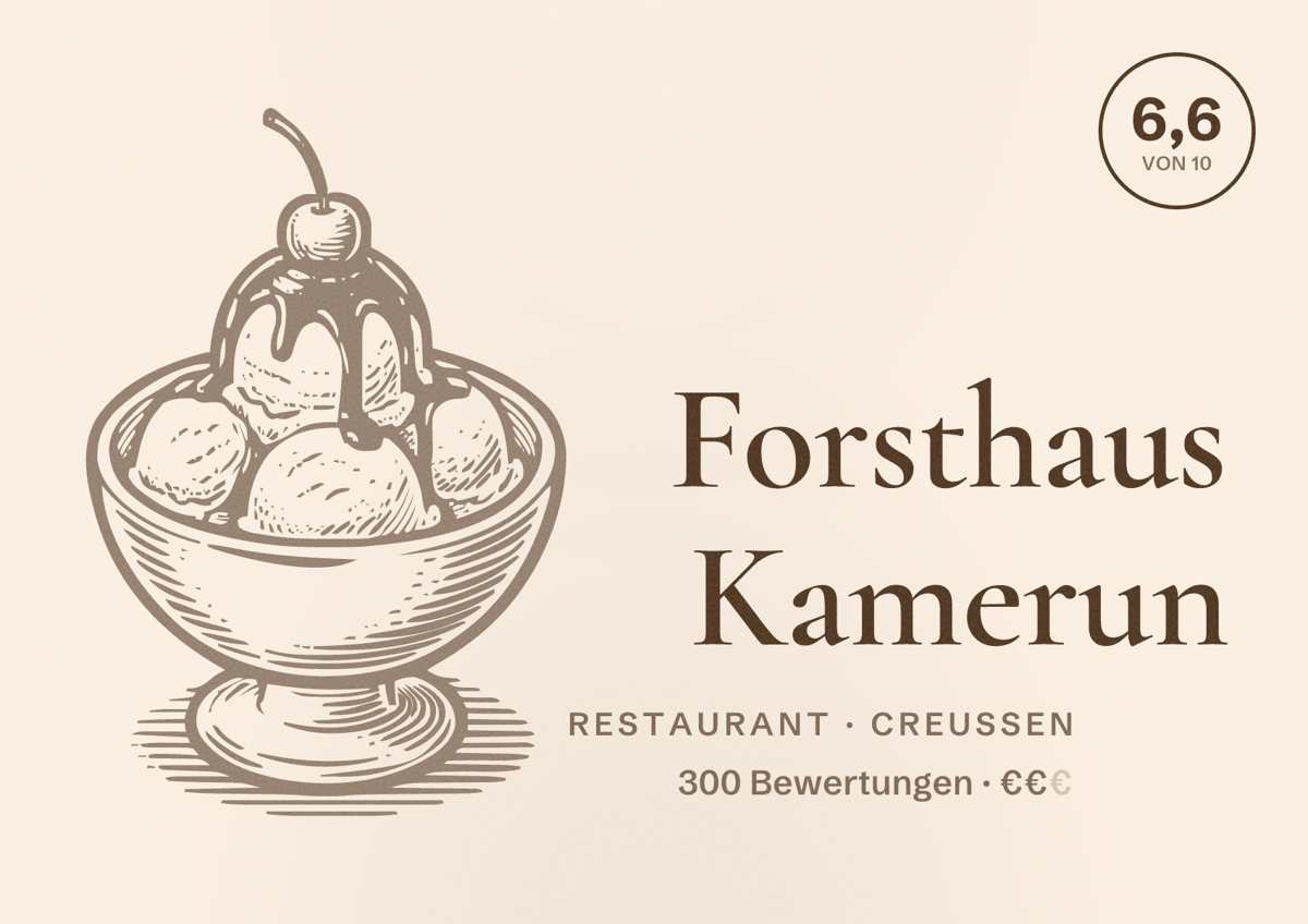 Illustriertes Poster von Forsthaus Kamerun, Restaurant in Creußen: Bewertung 6,6 von 10 aus 300 Bewertungen, Preisniveau €€