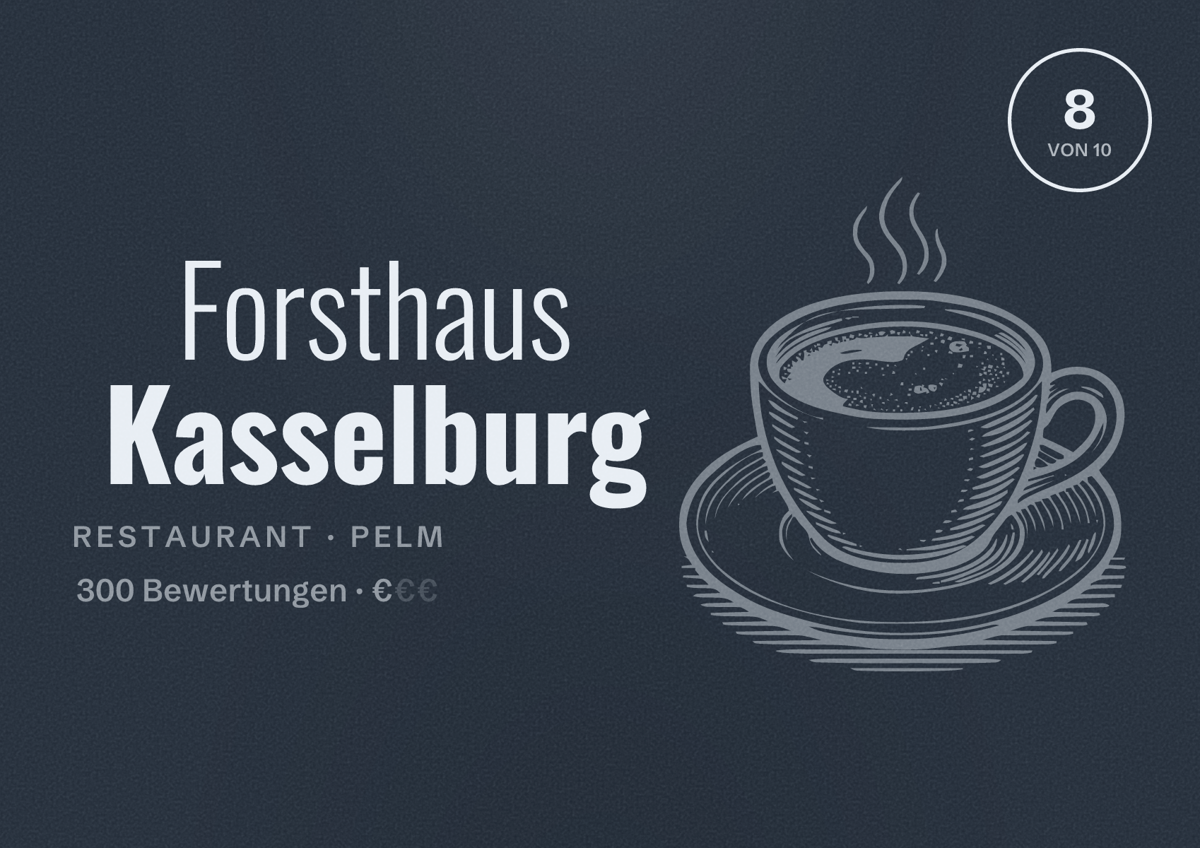 Illustriertes Poster von Forsthaus Kasselburg, Restaurant in Pelm: Bewertung 8 von 10 aus 300 Bewertungen, Preisniveau €