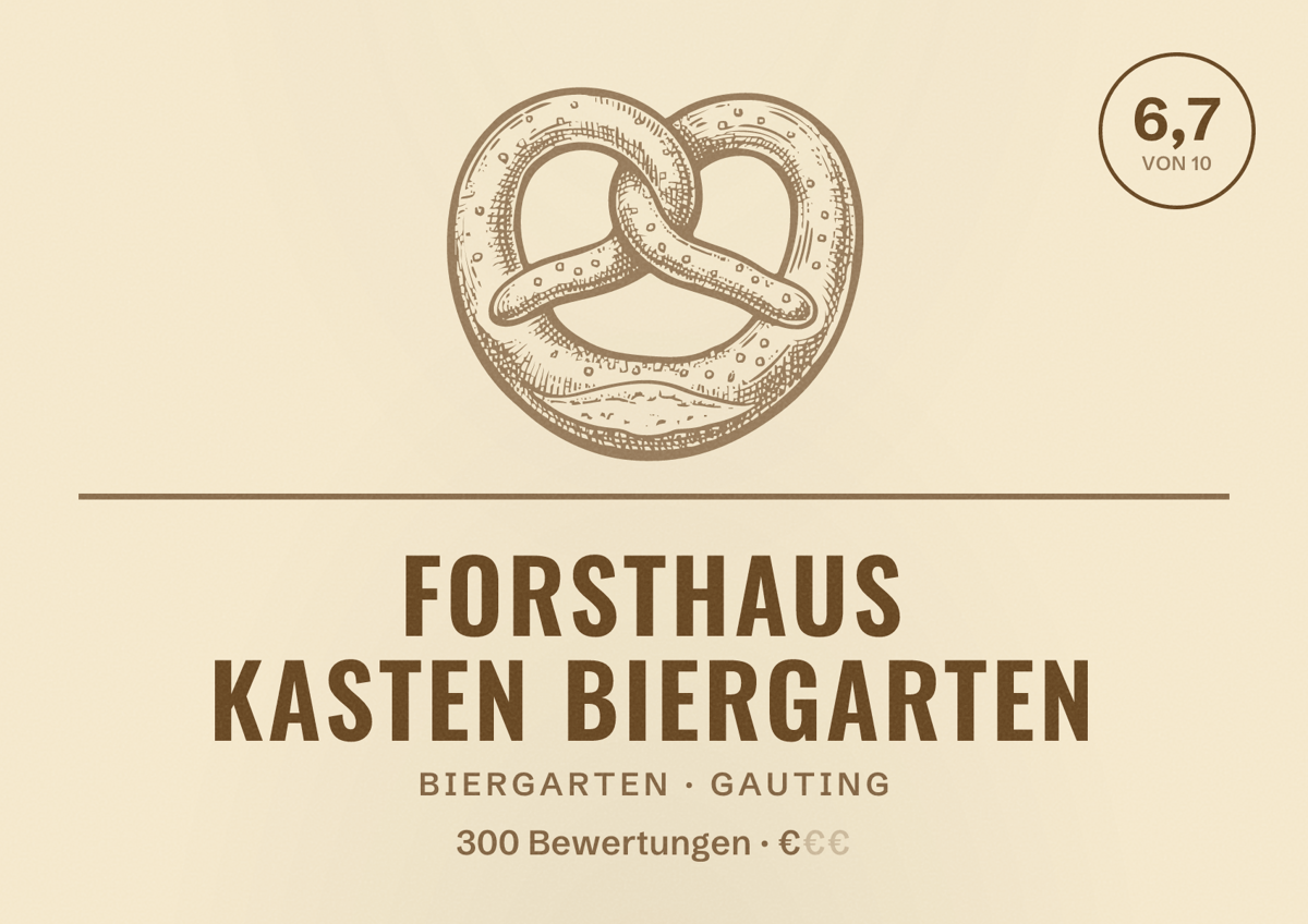 Illustriertes Poster von Forsthaus Kasten Biergarten, Biergarten in Gauting: Bewertung 6,7 von 10 aus 300 Bewertungen, Preisniveau €