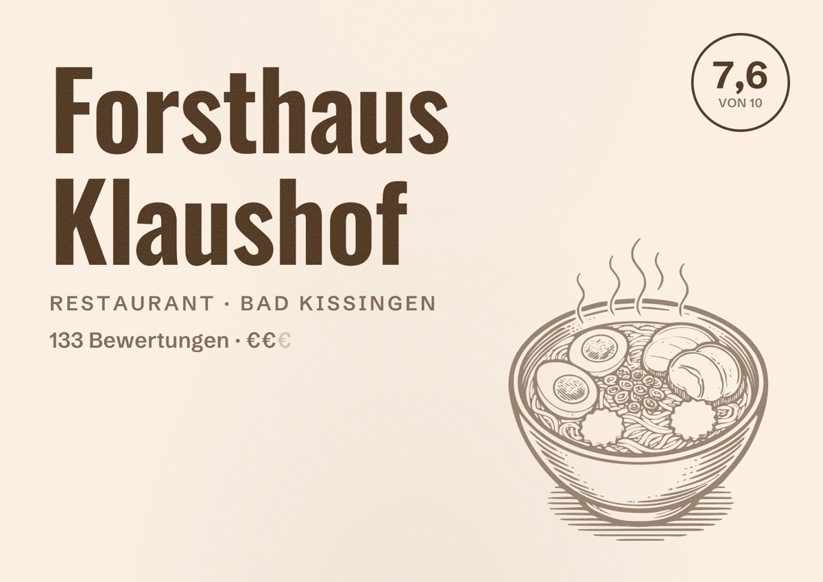 Illustriertes Poster von Forsthaus Klaushof, Restaurant in Bad Kissingen: Bewertung 7,6 von 10 aus 133 Bewertungen, Preisniveau €€