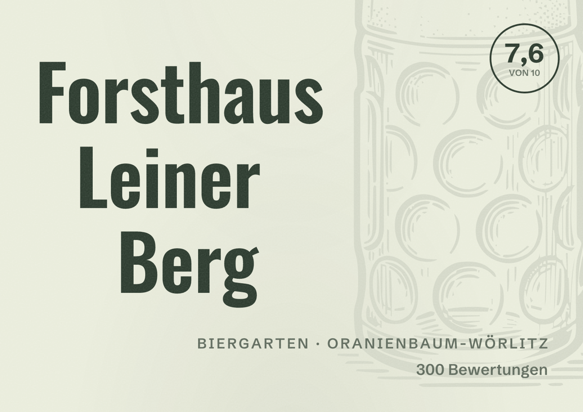 Illustriertes Poster von Forsthaus Leiner Berg, Biergarten in Oranienbaum-Wörlitz: Bewertung 7,6 von 10 aus 300 Bewertungen