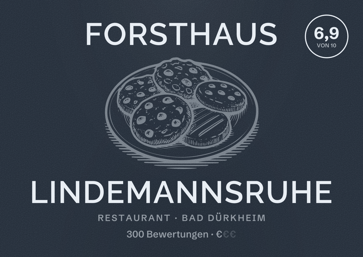 Illustriertes Poster von Forsthaus Lindemannsruhe, Restaurant in Bad Dürkheim: Bewertung 6,9 von 10 aus 300 Bewertungen, Preisniveau €