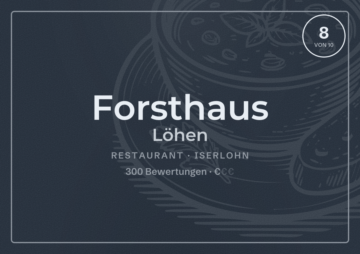Illustriertes Poster von Forsthaus Löhen, Restaurant in Iserlohn: Bewertung 8 von 10 aus 300 Bewertungen, Preisniveau €