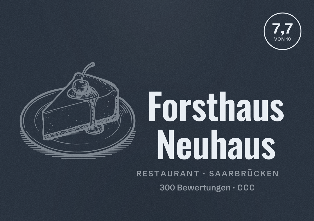 Illustriertes Poster von Forsthaus Neuhaus, Restaurant in Saarbrücken: Bewertung 7,7 von 10 aus 300 Bewertungen, Preisniveau €€€