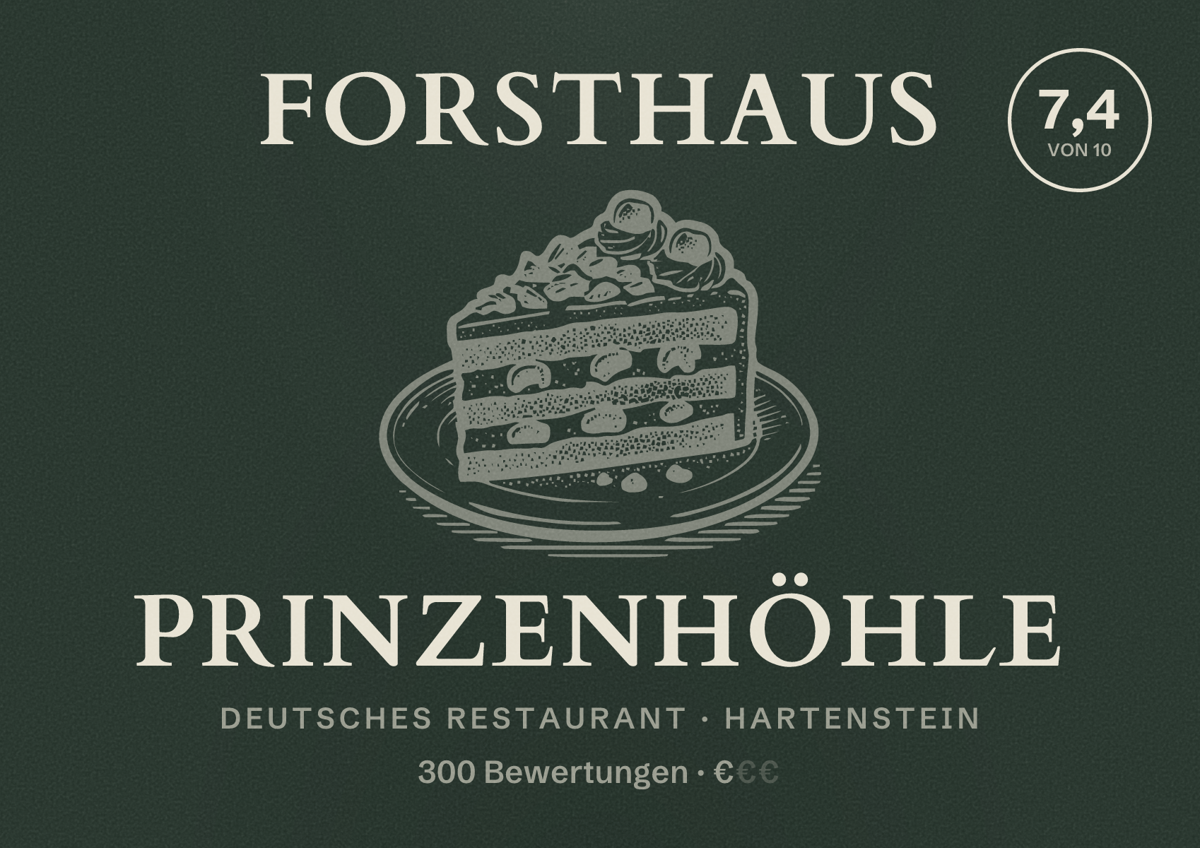 Illustriertes Poster von Forsthaus Prinzenhöhle, Deutsches Restaurant in Hartenstein: Bewertung 7,4 von 10 aus 300 Bewertungen, Preisniveau €