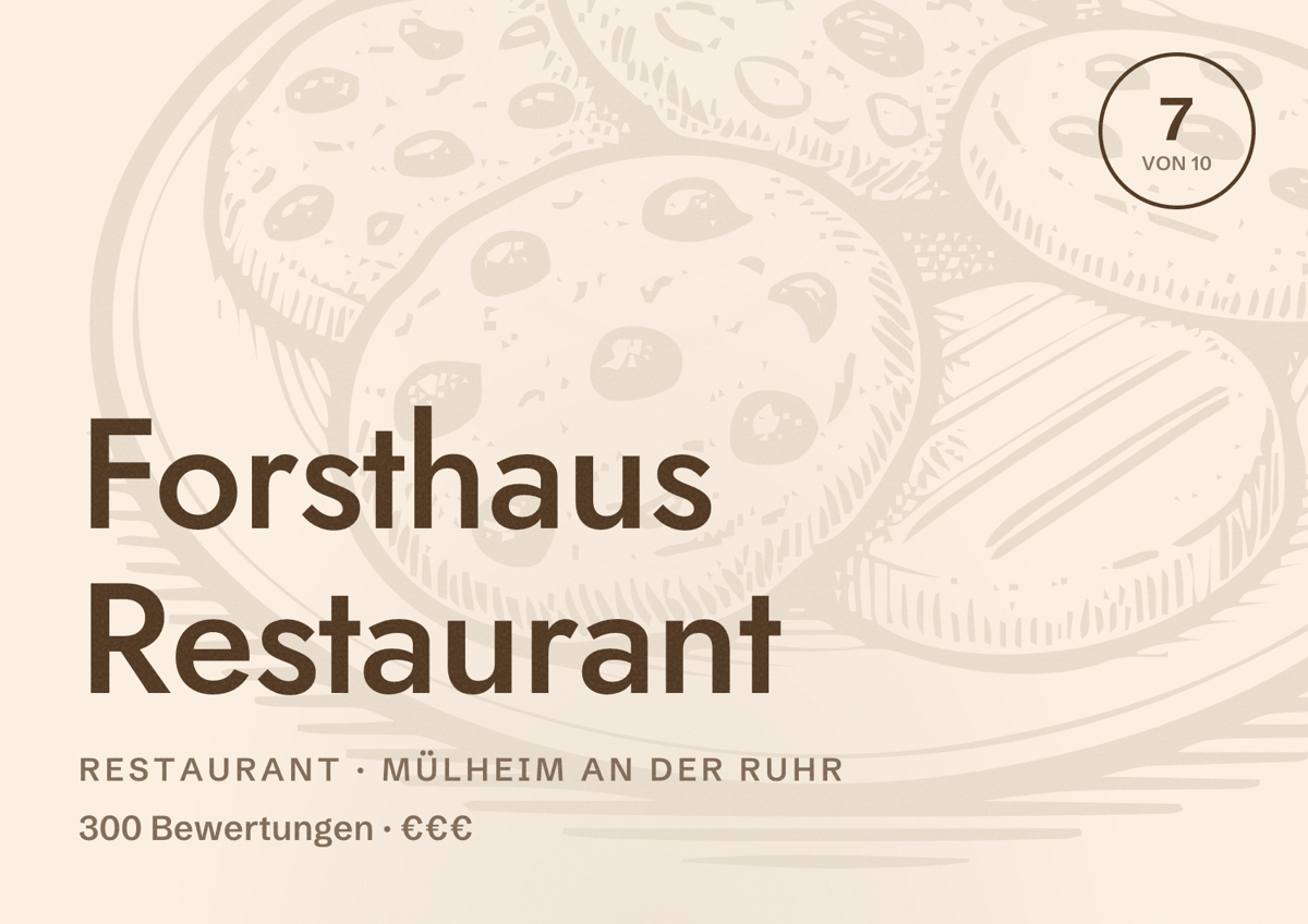 Illustriertes Poster von Forsthaus Restaurant, Restaurant in Mülheim an der Ruhr: Bewertung 7 von 10 aus 300 Bewertungen, Preisniveau €€€