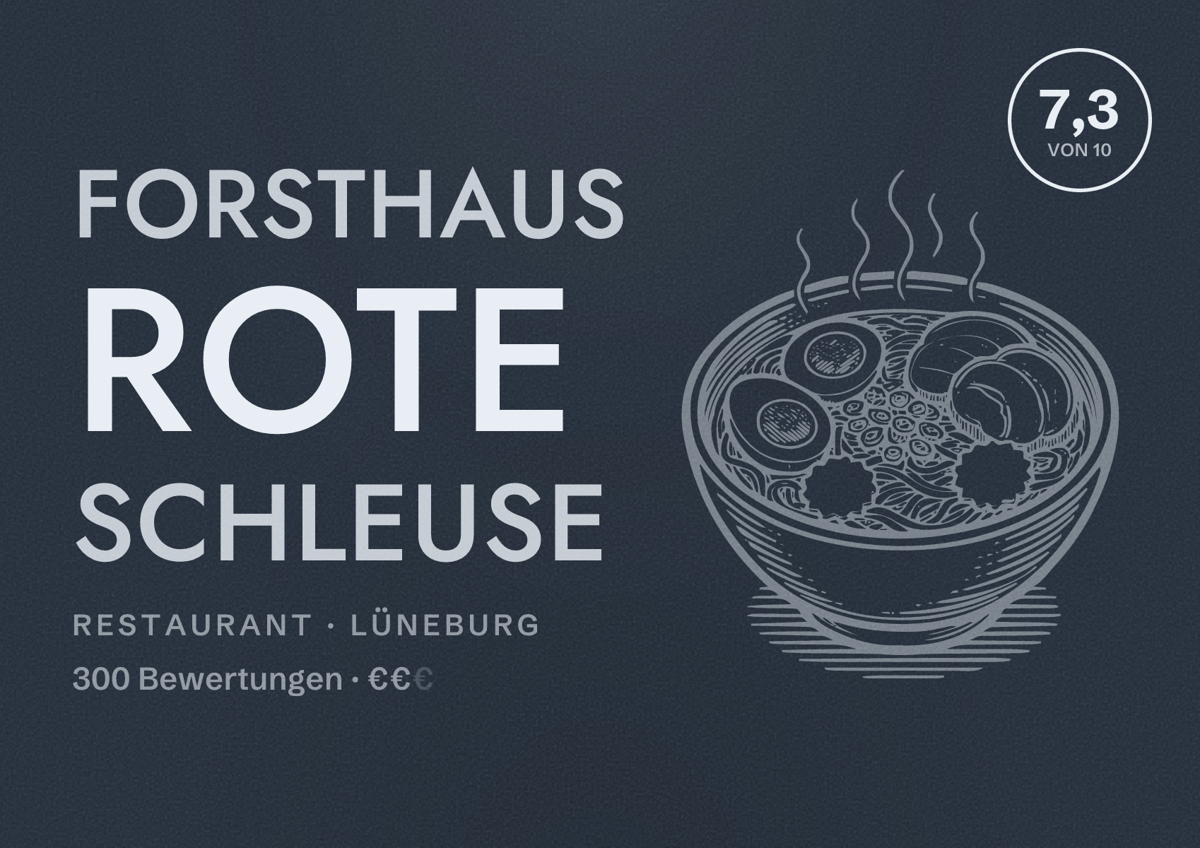 Illustriertes Poster von Forsthaus Rote Schleuse, Restaurant in Lüneburg: Bewertung 7,3 von 10 aus 300 Bewertungen, Preisniveau €€