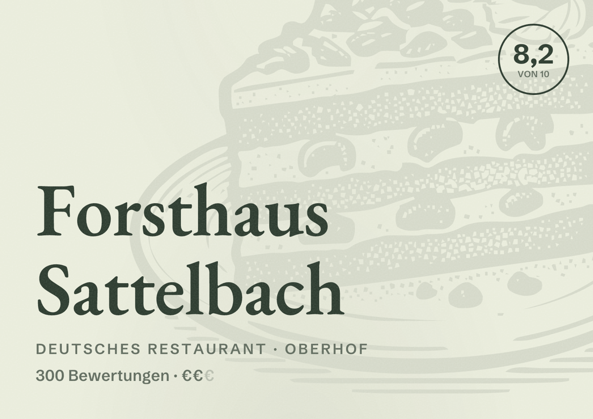 Illustriertes Poster von Forsthaus Sattelbach, Deutsches Restaurant in Oberhof: Bewertung 8,2 von 10 aus 300 Bewertungen, Preisniveau €€