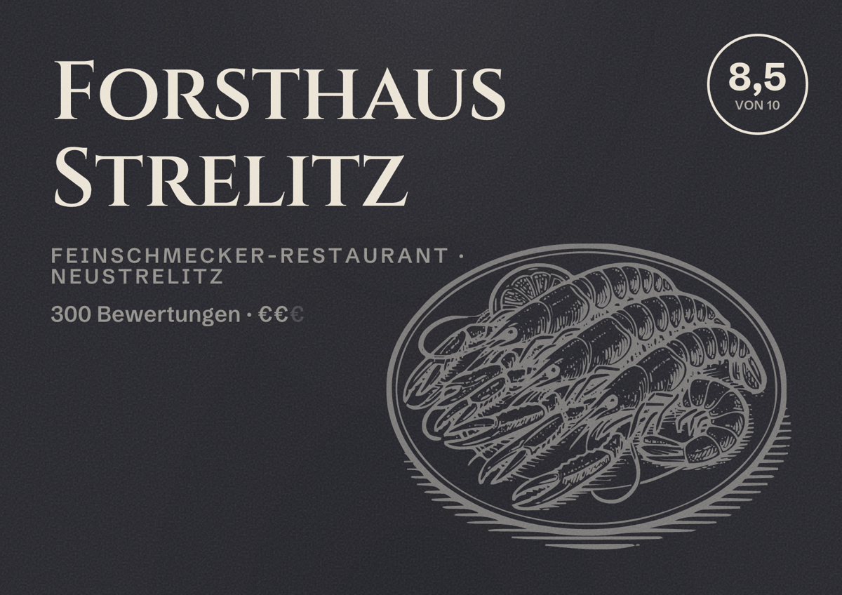 Illustriertes Poster von Forsthaus Strelitz, Feinschmecker-Restaurant in Neustrelitz: Bewertung 8,5 von 10 aus 300 Bewertungen, Preisniveau €€