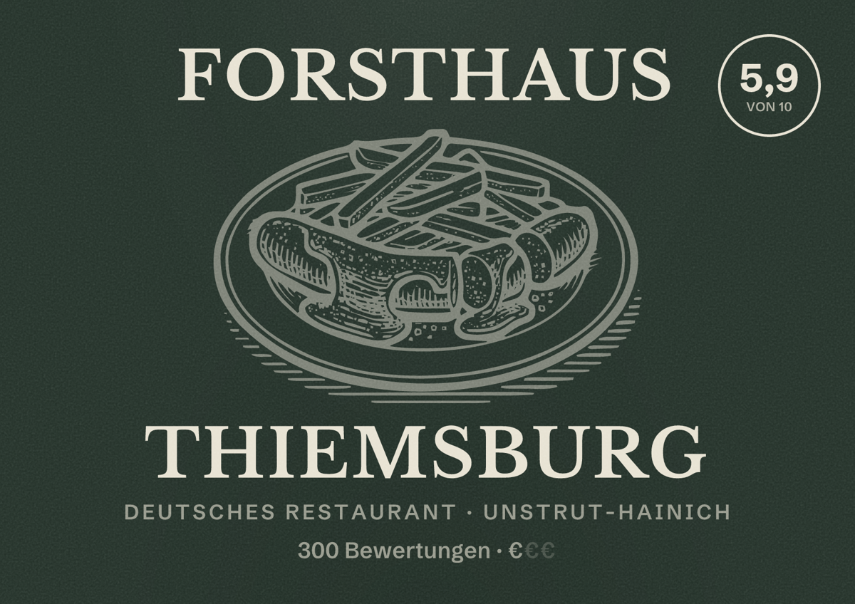 Illustriertes Poster von Forsthaus Thiemsburg, Deutsches Restaurant in Unstrut-Hainich: Bewertung 5,9 von 10 aus 300 Bewertungen, Preisniveau €