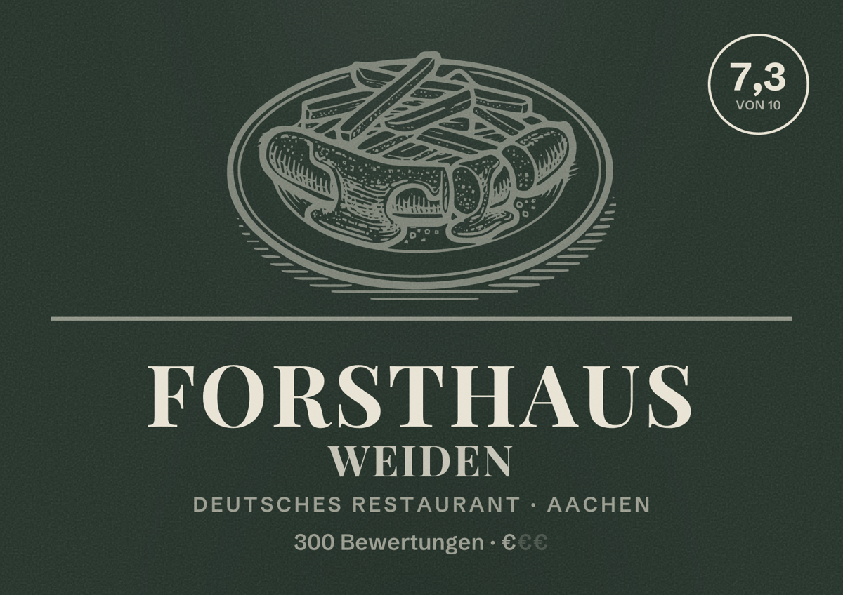 Illustriertes Poster von Forsthaus Weiden, Deutsches Restaurant in Aachen: Bewertung 7,3 von 10 aus 300 Bewertungen, Preisniveau €