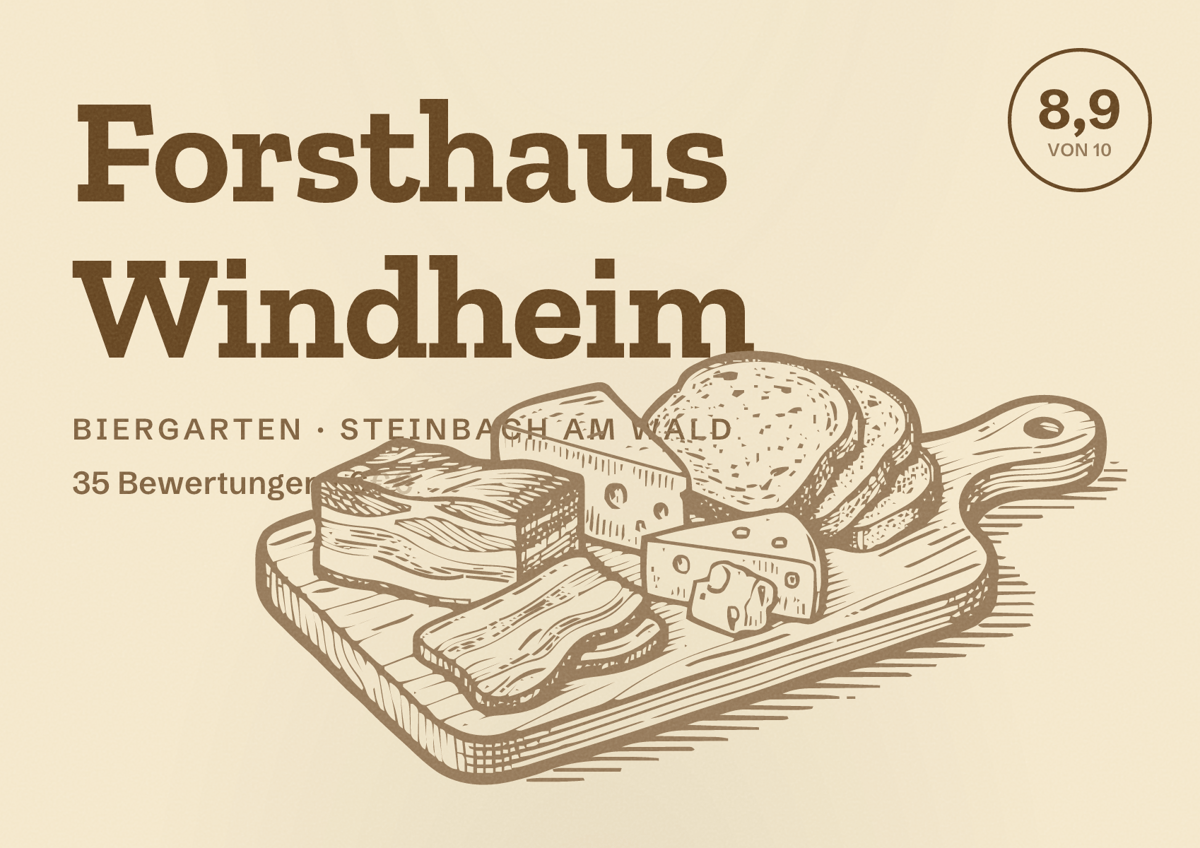 Illustriertes Poster von Forsthaus Windheim, Biergarten in Steinbach am Wald: Bewertung 8,9 von 10 aus 35 Bewertungen, Preisniveau €