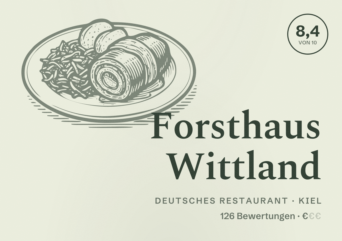 Illustriertes Poster von Forsthaus Wittland, Deutsches Restaurant in Kiel: Bewertung 8,4 von 10 aus 126 Bewertungen, Preisniveau €