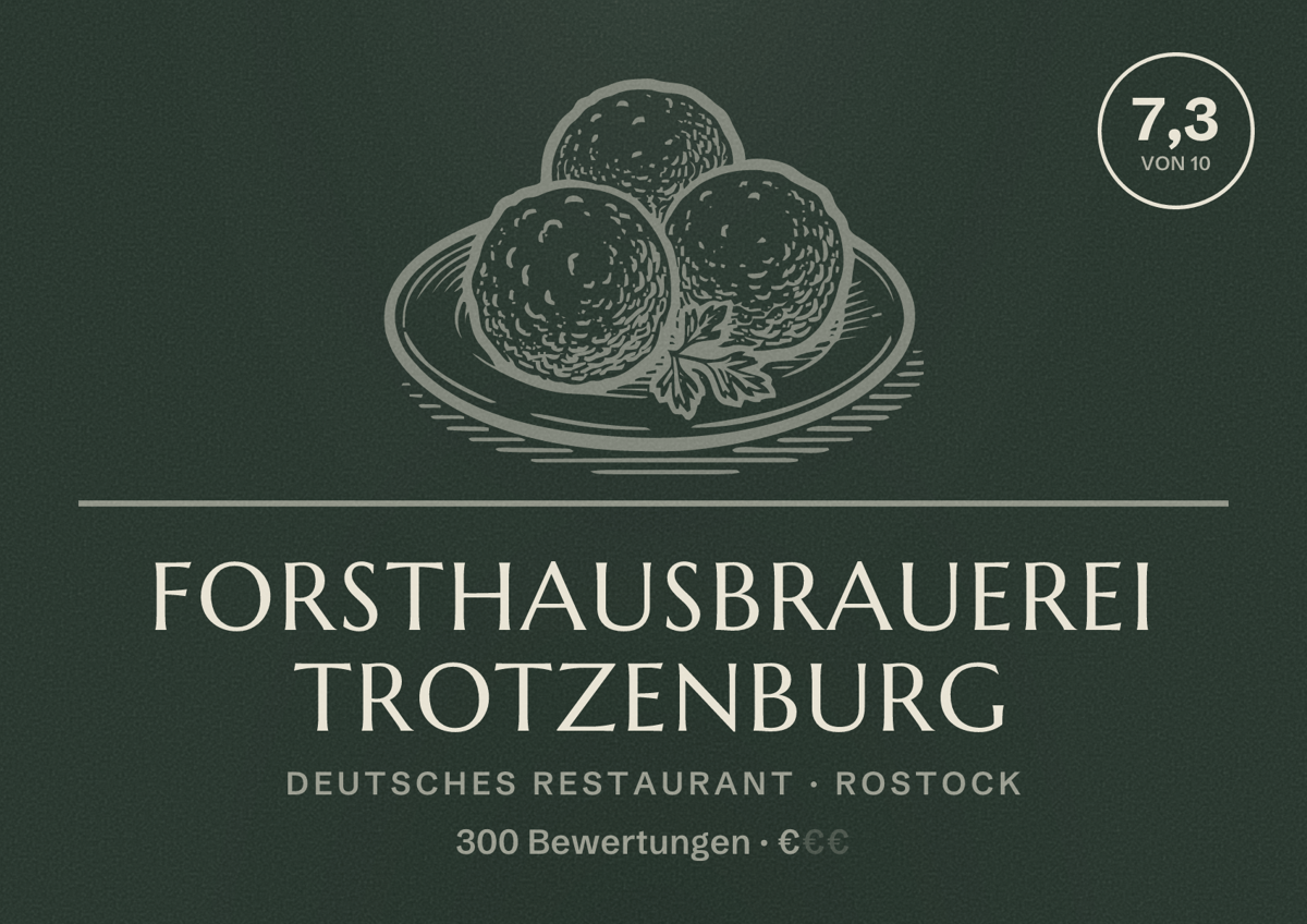 Illustriertes Poster von Forsthausbrauerei Trotzenburg, Deutsches Restaurant in Rostock: Bewertung 7,3 von 10 aus 300 Bewertungen, Preisniveau €
