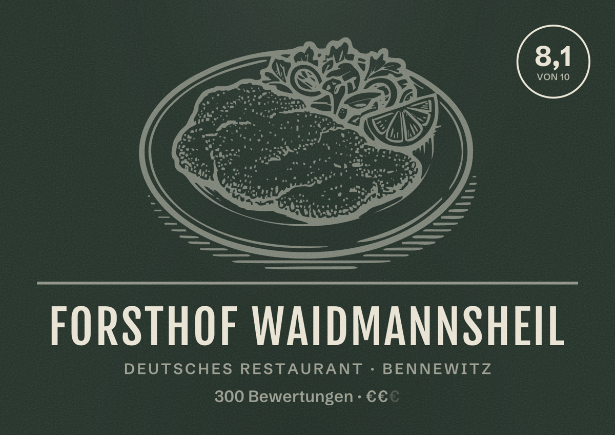 Illustriertes Poster von Forsthof Waidmannsheil, Deutsches Restaurant in Bennewitz: Bewertung 8,1 von 10 aus 300 Bewertungen, Preisniveau €€