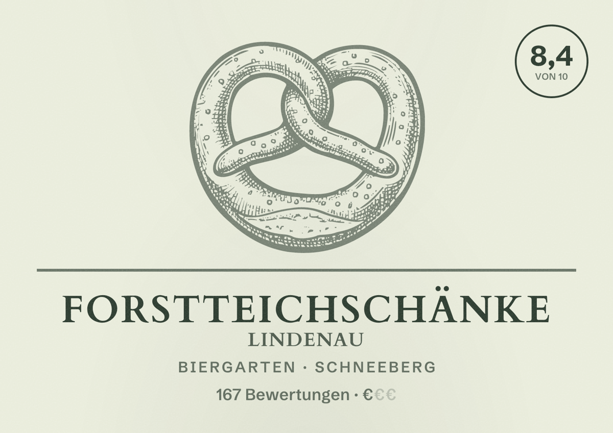 Illustriertes Poster von Forstteichschänke Lindenau, Biergarten in Schneeberg: Bewertung 8,4 von 10 aus 167 Bewertungen, Preisniveau €