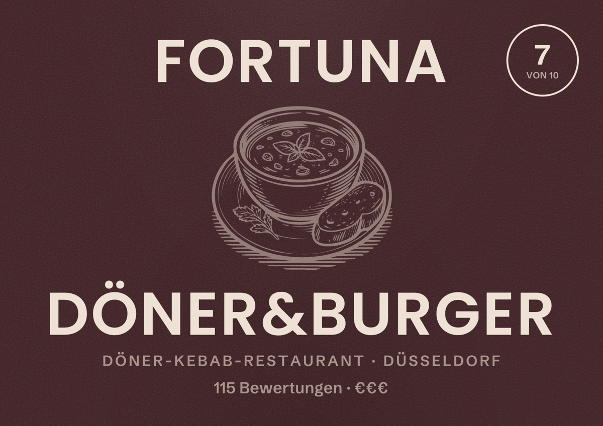 Illustriertes Poster von Fortuna Döner&Burger, Döner-Kebab-Restaurant in Düsseldorf: Bewertung 7,0 von 10 aus 115 Bewertungen, Preisniveau €€€