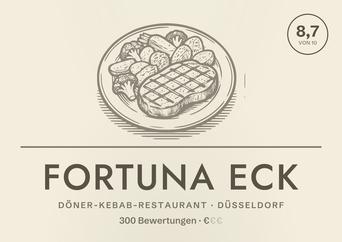 Illustriertes Poster von Fortuna Eck, Döner-Kebab-Restaurant in Düsseldorf: Bewertung 8,7 von 10 aus 300 Bewertungen, Preisniveau €