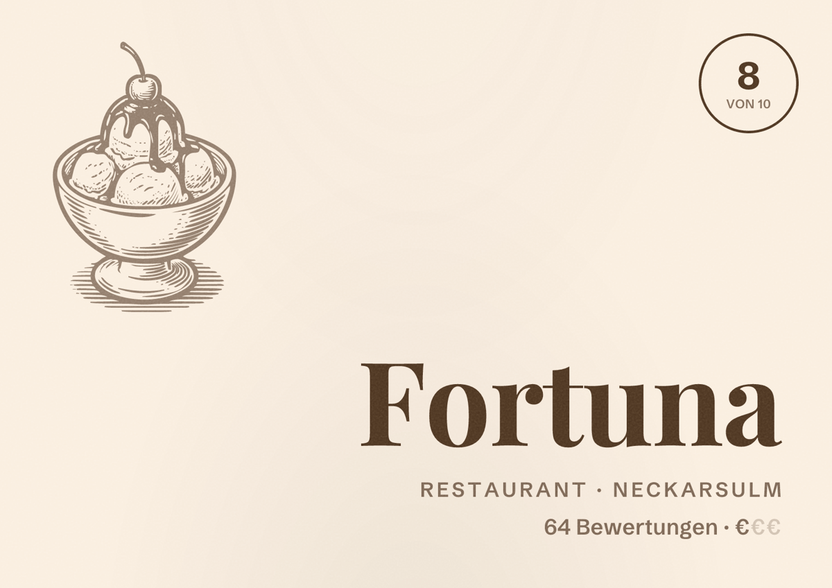 Illustriertes Poster von Fortuna, Restaurant in Neckarsulm: Bewertung 8 von 10 aus 64 Bewertungen, Preisniveau €