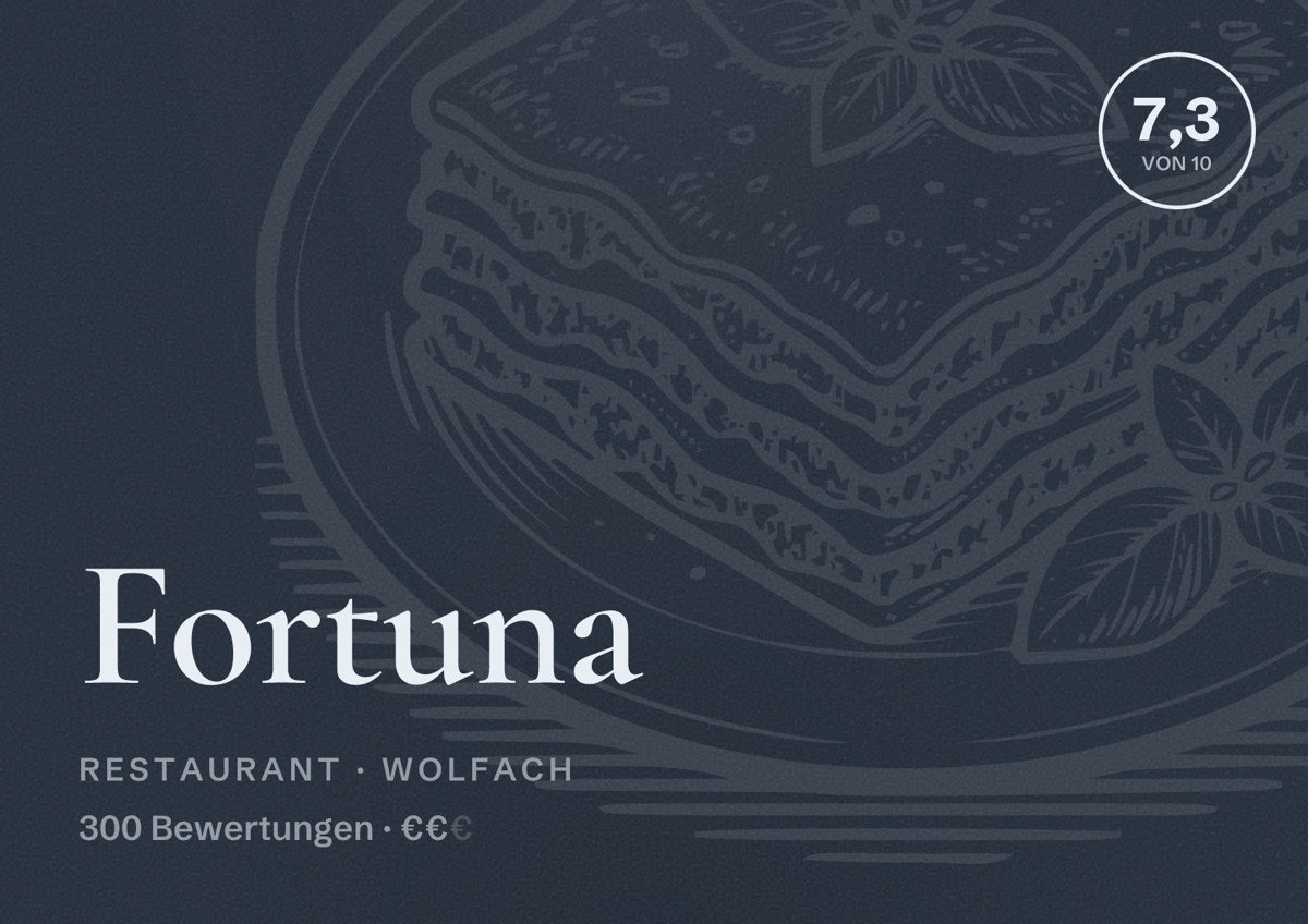 Illustriertes Poster von Fortuna, Restaurant in Wolfach: Bewertung 7,3 von 10 aus 300 Bewertungen, Preisniveau €€