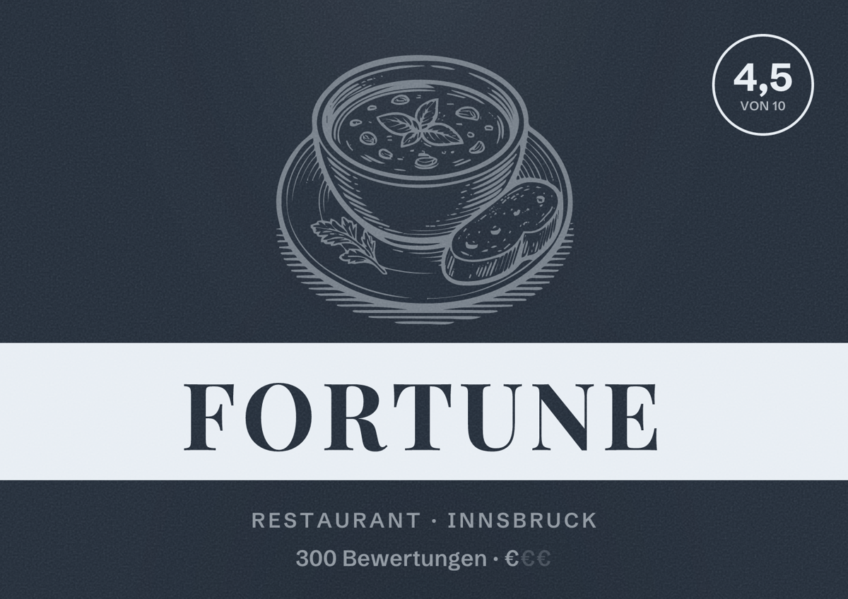 Illustriertes Poster von Fortune, Restaurant in Innsbruck: Bewertung 4,5 von 10 aus 300 Bewertungen, Preisniveau €