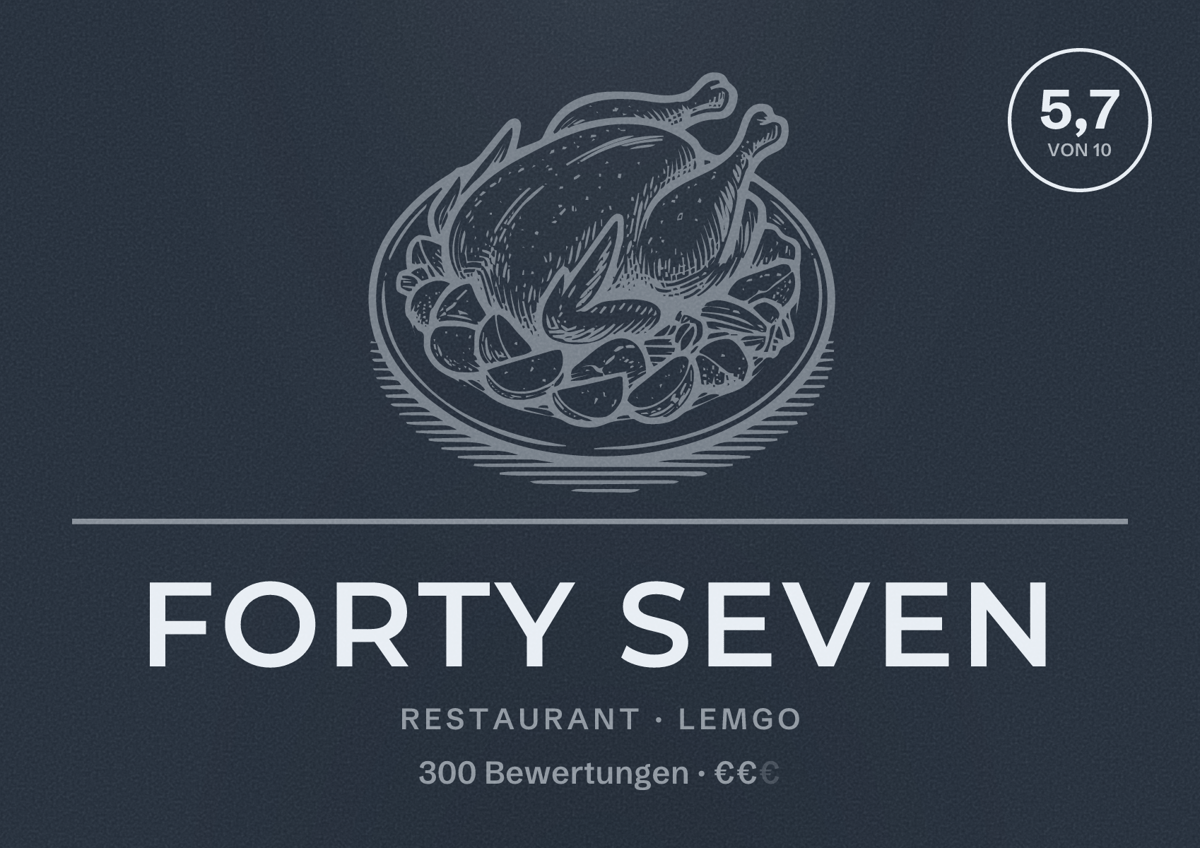 Illustriertes Poster von Forty Seven, Restaurant in Lemgo: Bewertung 5,7 von 10 aus 300 Bewertungen, Preisniveau €€