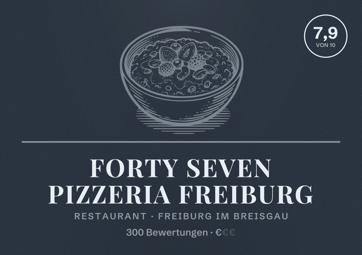 Illustriertes Poster von Forty Seven Pizzeria Freiburg, Restaurant in Freiburg im Breisgau: Bewertung 7,9 von 10 aus 300 Bewertungen, Preisniveau €