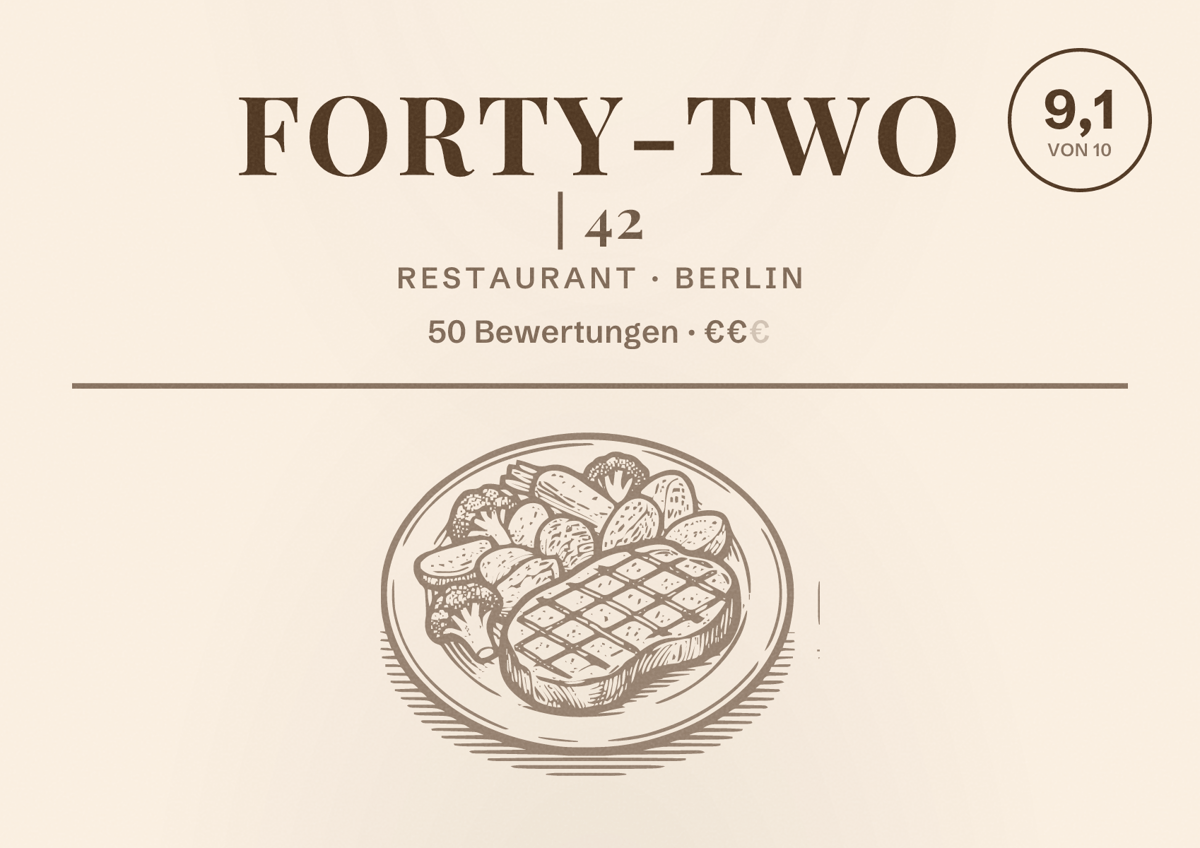 Illustriertes Poster von Forty-Two | 42, Restaurant in Berlin: Bewertung 9,1 von 10 aus 50 Bewertungen, Preisniveau €€