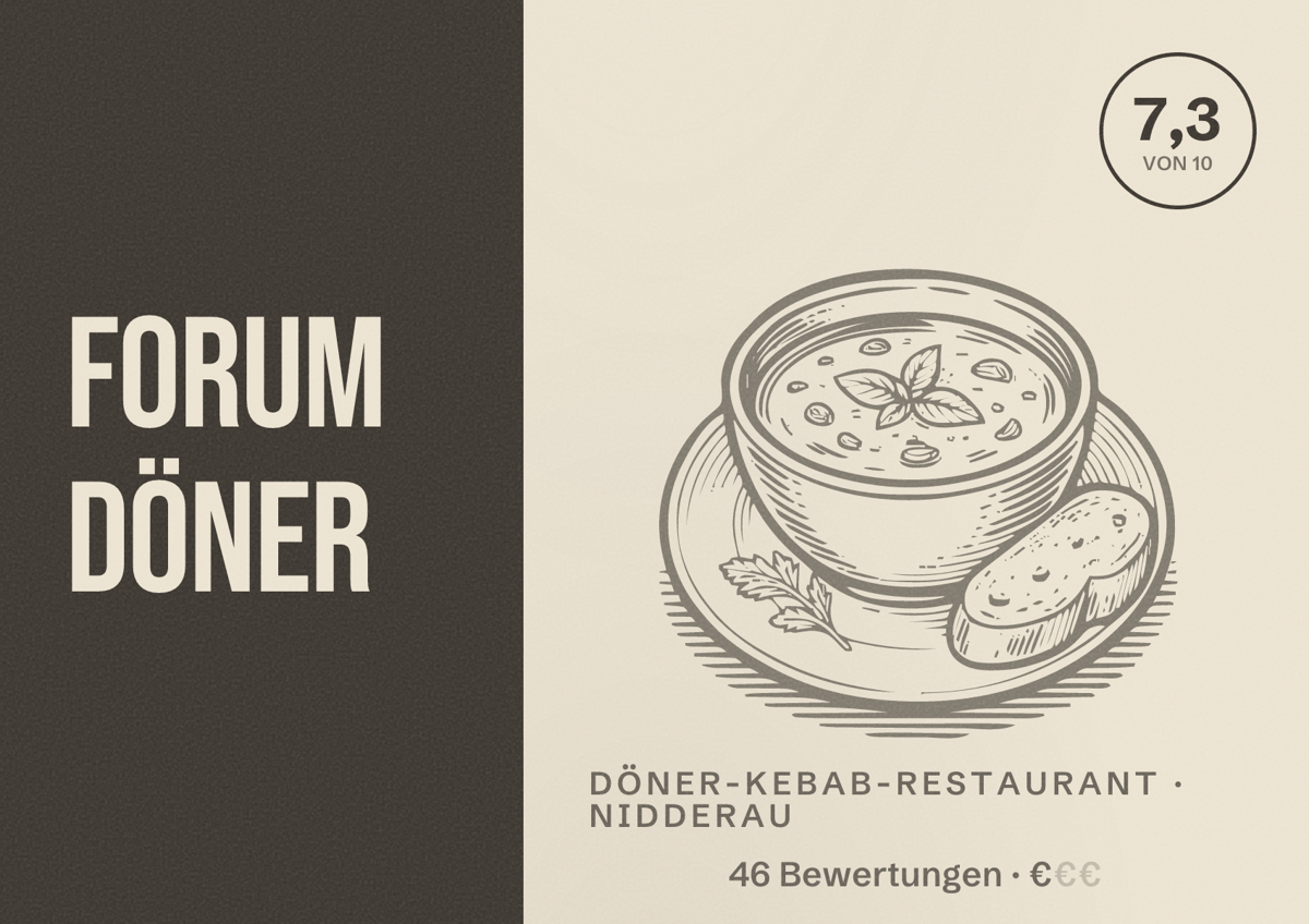 Illustriertes Poster von Forum Döner, Döner-Kebab-Restaurant in Nidderau: Bewertung 7,3 von 10 aus 46 Bewertungen, Preisniveau €