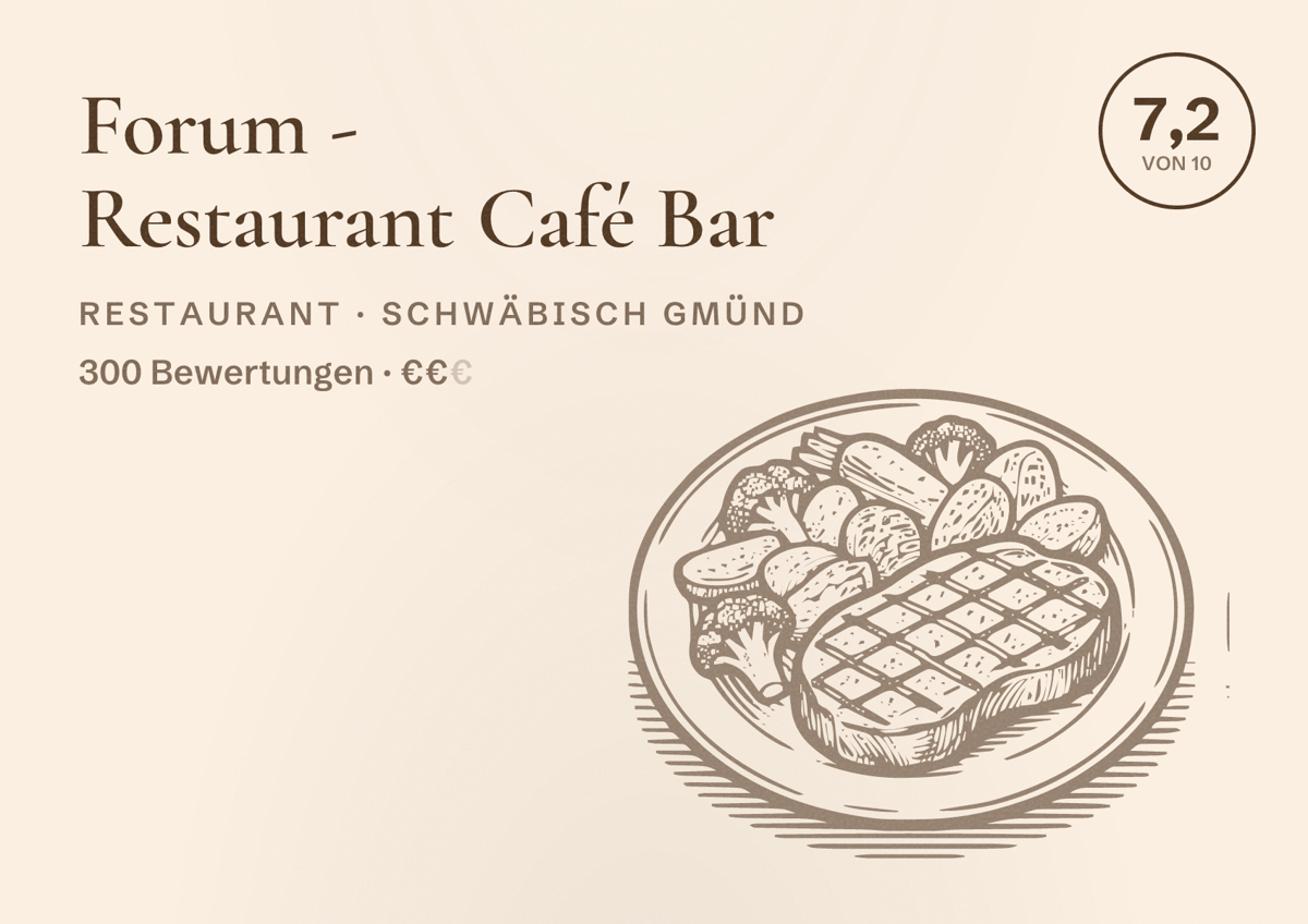 Illustriertes Poster von Forum - Restaurant Café Bar, Restaurant in Schwäbisch Gmünd: Bewertung 7,2 von 10 aus 300 Bewertungen, Preisniveau €€