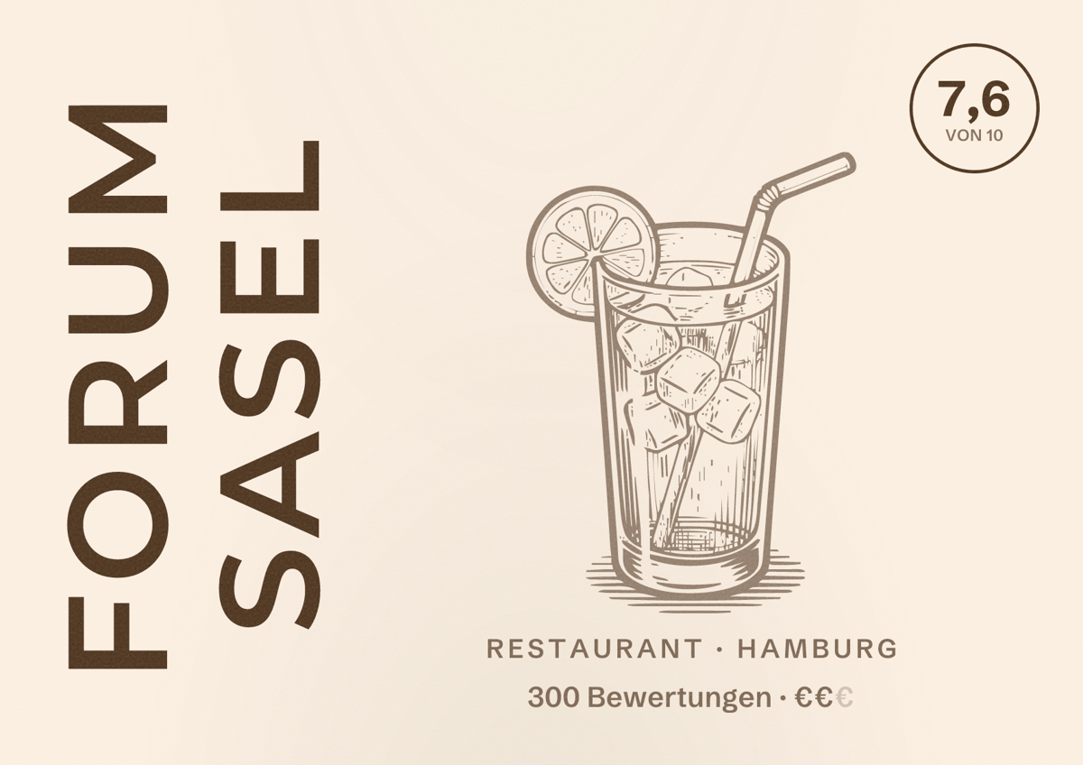 Illustriertes Poster von Forum Sasel, Restaurant in Hamburg: Bewertung 7,6 von 10 aus 300 Bewertungen, Preisniveau €€
