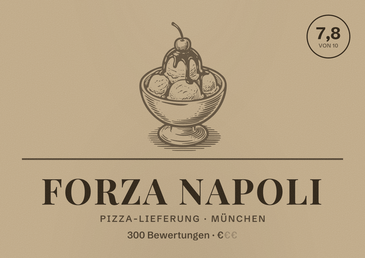 Illustriertes Poster von Forza Napoli, Pizza-Lieferung in München: Bewertung 7,8 von 10 aus 300 Bewertungen, Preisniveau €