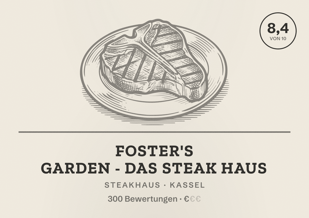 Illustriertes Poster von Foster's Garden - Das Steak Haus, Steakhaus in Kassel: Bewertung 8,4 von 10 aus 300 Bewertungen, Preisniveau €